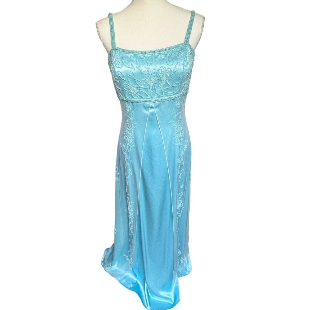 Vintage 90's Cach'e Blue Beaded Floral Maxi Princess Gown Dress Medium